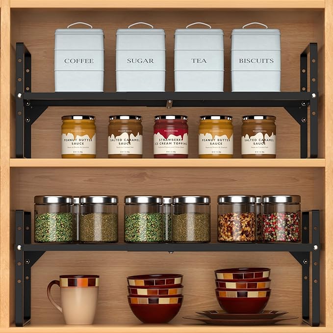 SANNO Expandable Kitchen Shelf Organizers, Stackable Cabinet Shelf Organizer Storage Rack, Countertop Organizer Kitchen Pantry Cupboard Pantry,Black, 10" W, 1 Pack