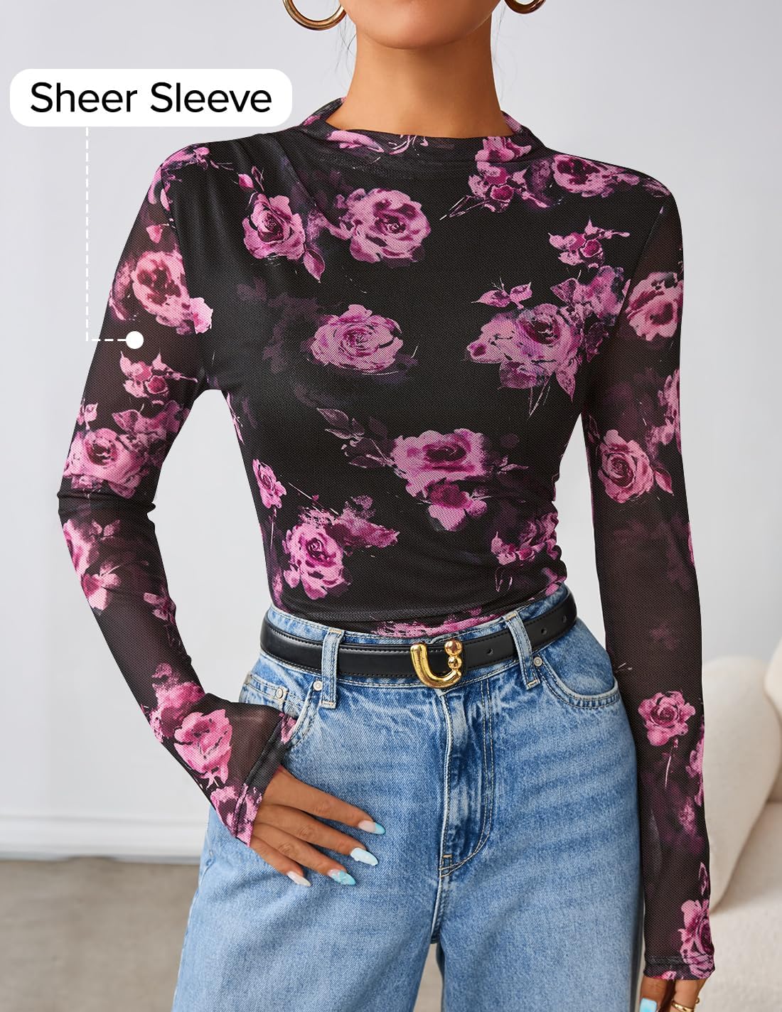 ZESICA Floral Long Sleeve Tops for Women 2026 Fall Mesh Mock Neck Ruched Fitted Shirts Going Out Blouses Trendy Clothes