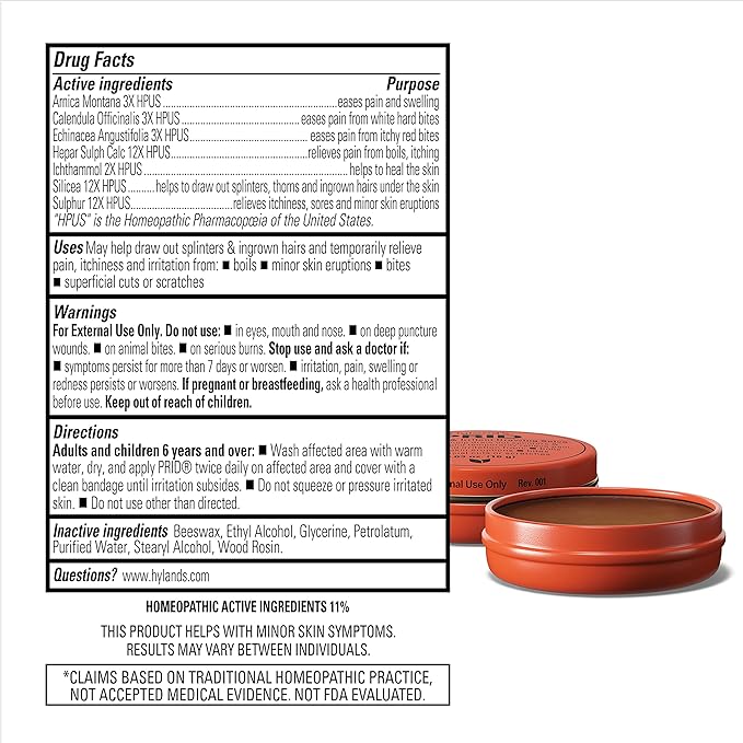 Hyland's PRID Drawing Salve, Topical Skin Irritation Relief, For Splinters, Thorns, Ingrown Hairs, Itch Relief for Bug Bites, Boils, Minor Cuts and Scrapes, 18 Grams