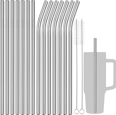 Tomorotec 30oz Straws, 11" Stainless Steel Straw 14PCS for 30oz Stanley Tumbler, 0.35"9mm Diameter Sleek Metallic Finish- 7 Straight, 7 Bent Straws 2 Brushes, Dishwasher Safe, 304 Food-Grade