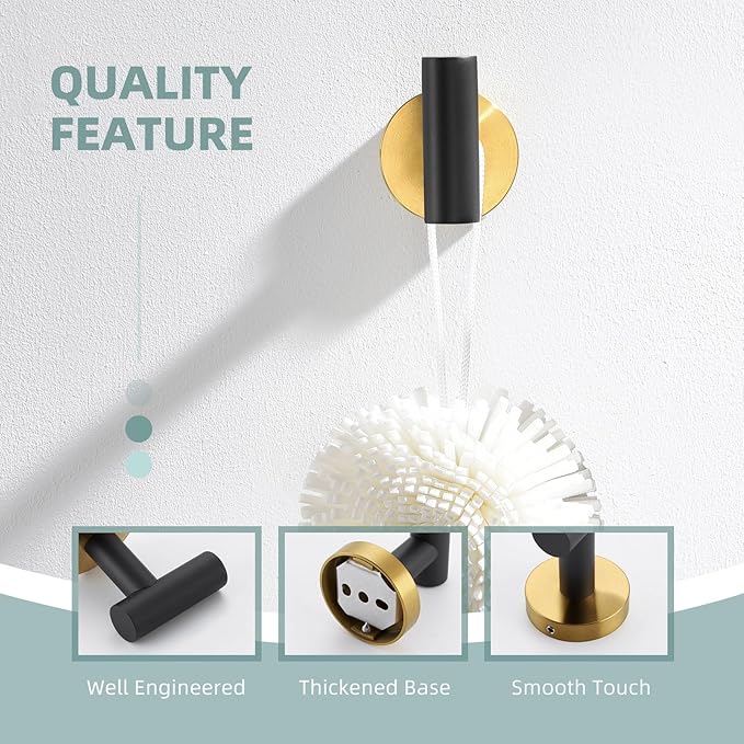 Angle Simple Towel Hook Black Gold, Stainless Steel Bathroom Towel Holder, Round Clothing Robe Hook Wall Mount