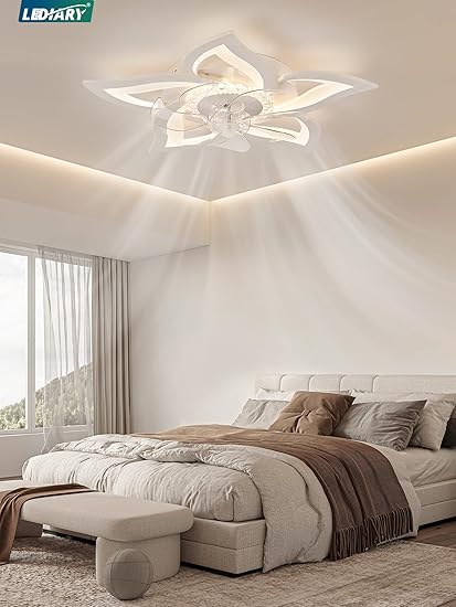 LEDIARY Flower Ceiling Fans with Lights, Small 27 Inch Modern Low Profile Ceiling Fan, Dimmable LED Ceiling Light Fixture, Flush Mount Ceiling Fans with Remote for Bedroom, Kitchen, Indoor-White