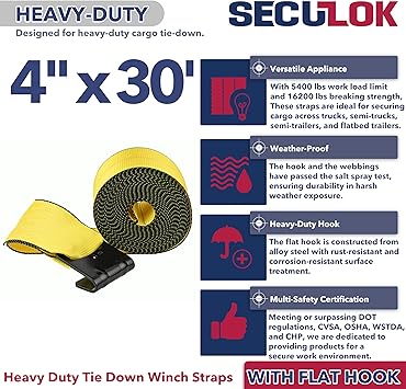 4" x 30' Winch Straps for Flatbed Trailer with Flat Hooks Yellow Heavy Duty Tie Down Strap wFlat Hooks 5,400 Lbs WLL Cargo Control Accessories for Gooseneck Trailers Tow Trucks, 1 Pack