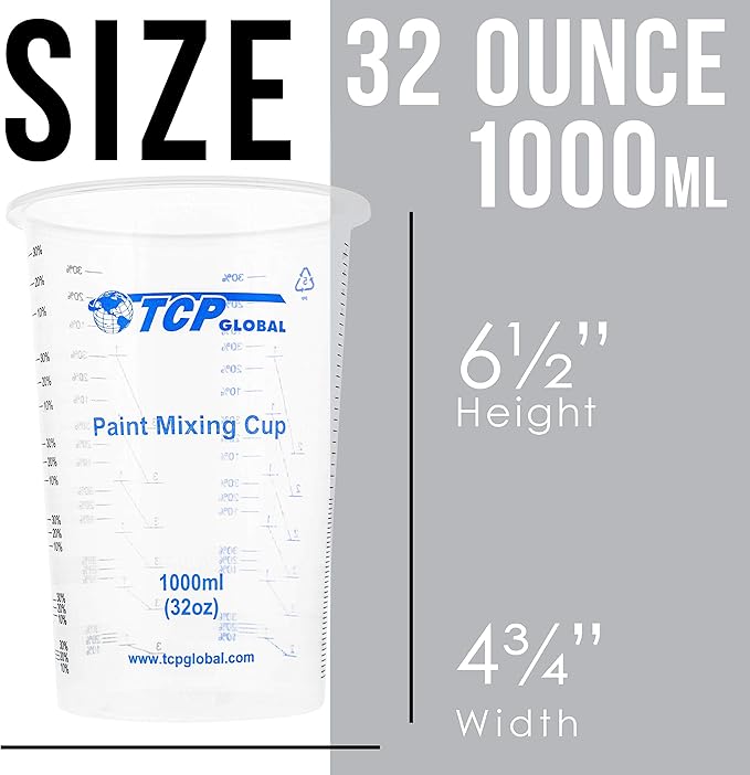 TCP Global 32 Ounce (1000ml) Disposable Flexible Clear Graduated Plastic Mixing Cups - Box of 25 Cups - Use for Paint, Resin, Epoxy, Art, Kitchen, Cooking, Baking - Measuring Ratios 2-1, 3-1, 4-1, ML