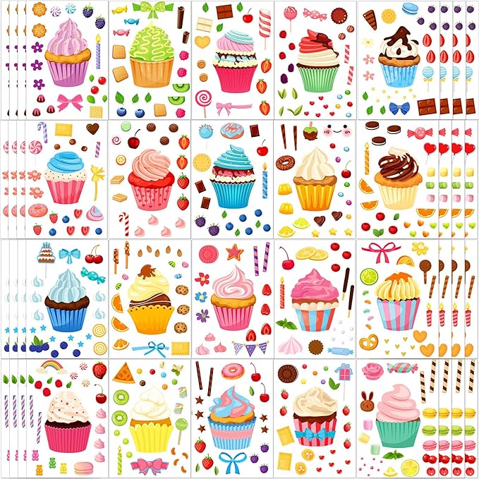 Sinmoe 100 Sheets Valentine Cupcake Stickers Colorful Make Your Own DIY Sweet Kids Cupcake Craft Mix and Match Dessert Stickers for Kids Classroom Birthday Party Favor, 20 Styles