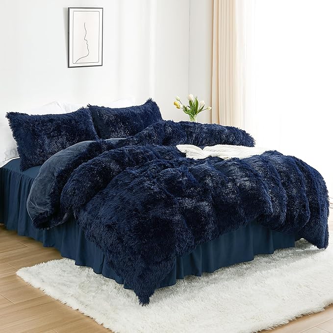 annadaif Fluffy Duvet Cover Queen Size, Navy Blue Plush Shaggy Faux Fur Comforter Cover Velvet Bedding Set with Zipper Closure(1 Duvet Cover, 2 Pillowcases)