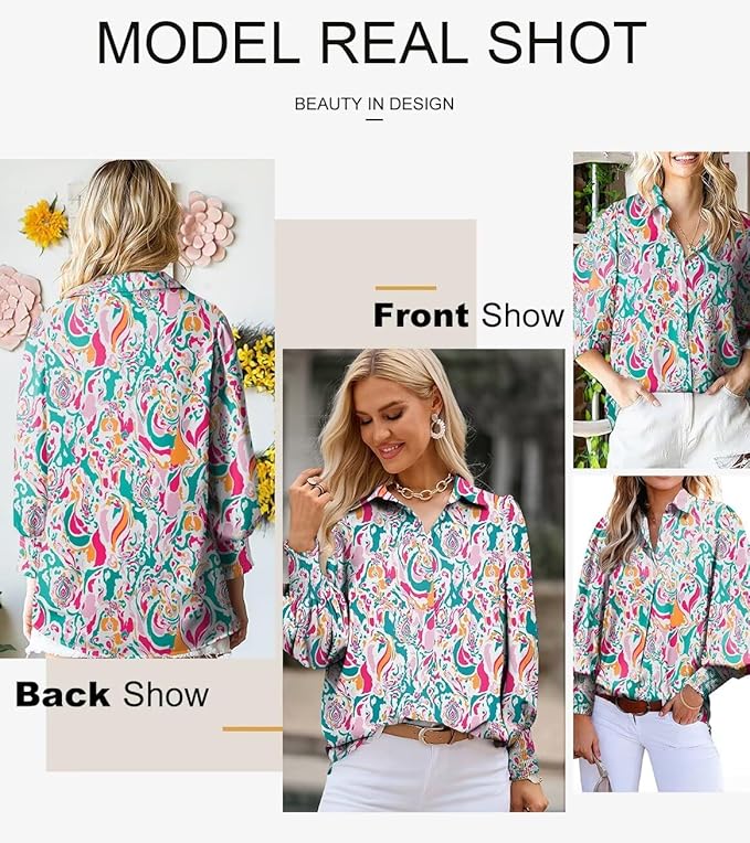 Astylish Women 2025 Loose V-Neck Shirts Paisley Print Lantern Sleeve Blouse Boho Tops