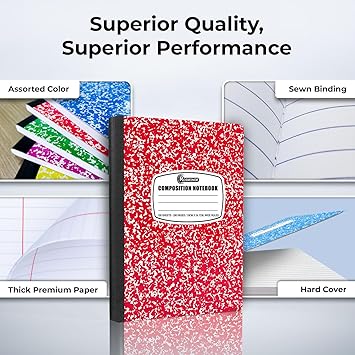 5 Pack Composition Notebook Wide Ruled, 200 Pages (100 Sheets), 9-34x7-12, Notebooks for Work, Back to School Supplies, Hard Cover Composition Books, Notebooks for Women, Colors May Repeat
