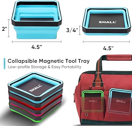 SHALL New Version Collapsible Magnetic Parts Tray Set, 4-Pack Magnetic Tool Trays for Screw Bolts Nuts Washers Pins Small Metal Parts, 4.5 Square Silicone Foldable Bowls wDual-Sided Magnetic Base