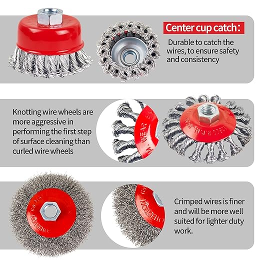 Wire Wheel Brush for 4-12" Angle Grinder 3in Wire Wheel Cup TwistedCrimped Brushes 58"-11 Threads Arbor - 2pcs