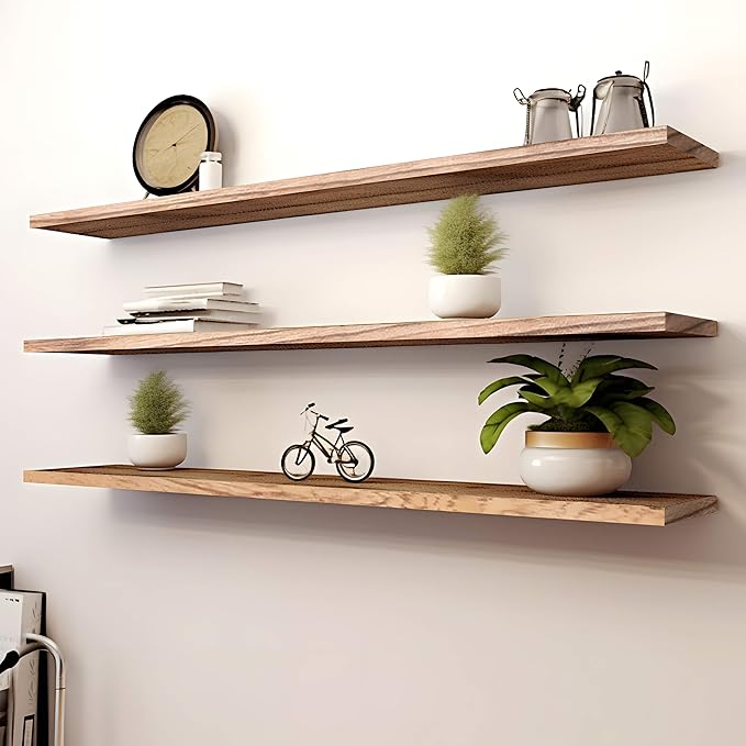 PHPH 48 Inch Wood Floating Shelves for Wall, Wooden Wall Shelves for Bedroom, Set of 4 Light Brown