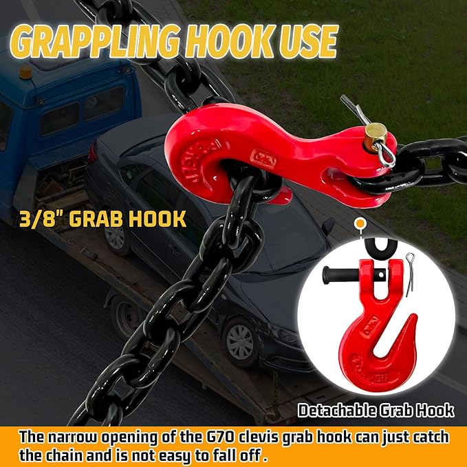 3/8" Transport Binder Chain-G80 Heavy Duty Log Chain with G70 Hooks Wll 7100 lbs|10FT Safety Tow Chains Towing Trailer Extension|Secure Working Load for Tie-Down&Lifting&Flatbed (EP Black)