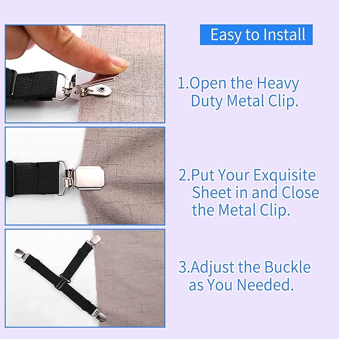 MENDENG Sheet Straps Fitted Sheet Clips Holder Surspeners Keep Sheets in Place Bed Sheet Fasteners Gripper Black 4P