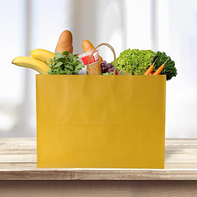 BLEWINDZ 50Pcs Kraft Paper Bags - Large Size 16x6x12 Inches Gift Bags with Handles Bulk Yellow Goodie Bag Shopping Bag for Grocery Merchandise