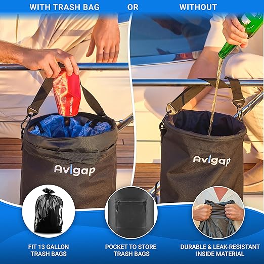 Boat trash can, 100% odor and leak resistant, portable, reusable, 10 to 13 gallon trash bag inside, easy to install and clean, fishing, sand bar,