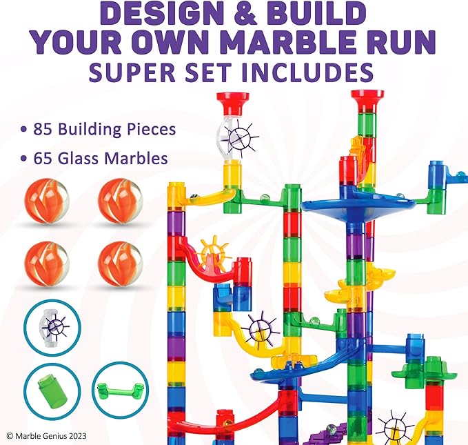 Marble Genius Marble Run - 150 Complete Pieces Maze Track Toys for Adults, Teens, Toddlers Kids Aged 4-8 Years Old, (85 Translucent Marbulous Pieces 65 Glass-Marble Set), Super Set