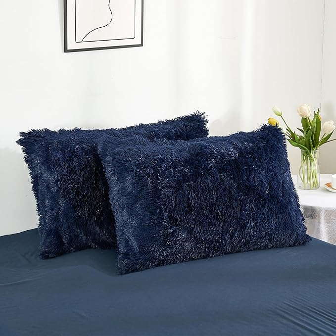 annadaif Fluffy Duvet Cover Queen Size, Navy Blue Plush Shaggy Faux Fur Comforter Cover Velvet Bedding Set with Zipper Closure(1 Duvet Cover, 2 Pillowcases)