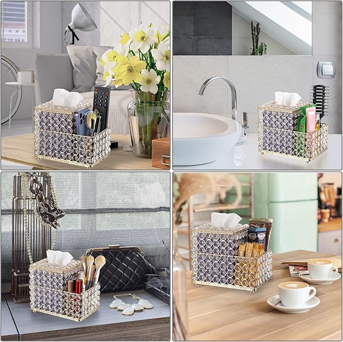 Sumnacon Square Crystal Tissue Box Cover -Sparkling Cube Tissue Box with Side Organizer,Decorative Tissue Holder for Living Room Vanity Night Stand Desk Countertop Office, Gold