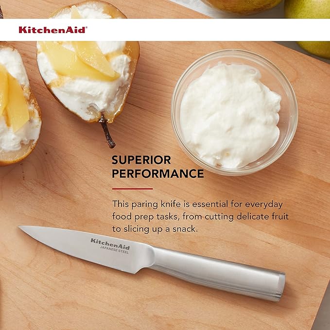 KitchenAid Gourmet Forged Stainless Steel Paring Knife with Custom-Fit Blade Cover, 3.5-inch, Sharp Kitchen Knife, High-Carbon Japanese Stainless Steel Blade, Brushed Stainless Steel Handle