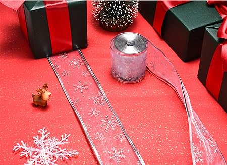 Christmas Ribbon for Tree, Silver Organza Ribbon Snowflake Metallic Edge Swirl Glitter Sheer Ribbon Wired for Gift Wrapping DIY Crafts Wreath Making Party Holiday Birthday Decoration, 10 Yards x 2.5in
