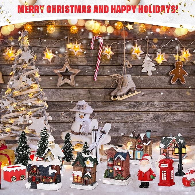 Zubebe 22 Pcs Christmas Village Houses Sets LED Holiday Village Figurines Collection Buildings Christmas Scene Desktop Ornaments Xmas Indoor Room(Cute Style)