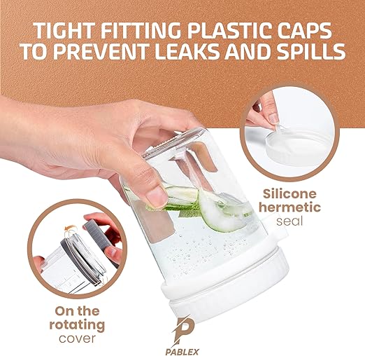 PABLEX - Overnight Oats Cups with Lid - Spoon, 16oz Glass, Reusable Anti Spill, Free Toxic - Overnight Oats Containers with Lids, Oatmeal Containers with Lids, Oats Overnight Container (White)