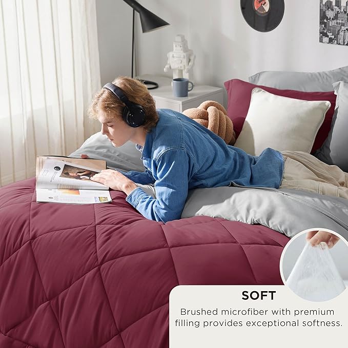 Bedsure Queen Comforter Set - 7 Pieces Reversible Burgundy Bedding, Queen Size Bed Set for All Seasons, Bed in a Bag with Down Alternative Comforter, Sheets, Pillowcases Shams