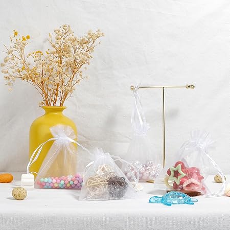 Organza Bags, White Organza Bags, 50Pcs, Sheer Organza Bags 3 x 4 inch, Jewelry Gift Bags, Party Favor Bags with Drawstring, Mesh Gift Pouches Mini Candy Bags for Wedding Christmas Party