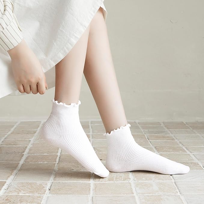 Women's Trim Ruffle Frilly Turn Cuff Socks - Cute Vintage Dress Crew Ankle Boot Socks