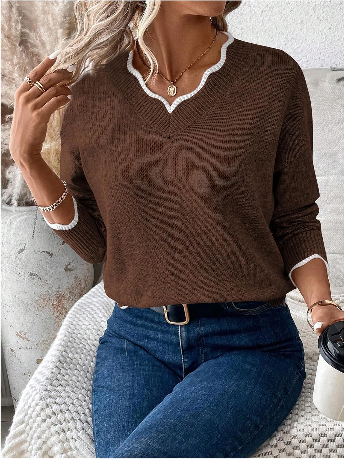 SOLY HUX Women's Long Sleeve Sweaters V Neck Knitted Sweater Tops Loose Jumper Pullover Fall Outfits