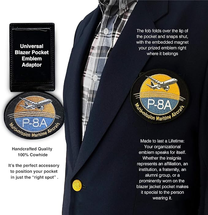 WICKED Pocket Clip for Embroidered Patch Badge, Alumni Insignia, Metal Thread Bullion Emblem Full-Grain Leather, and 2’’ Attached “Loop” Backing with Multi-Use Peel & Stick Adhesive Hook (1)