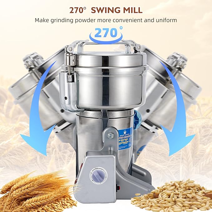 MAGIC MASTER 300g Grain Mill Grinder Electric,High Speed 1500W Commercial Spice Grinder,Safety Stainless Steel Dry Grinder Machine For Flour Wheat Nut Corn Rice Pepper Herbs Coffee Beans,Swing,110V