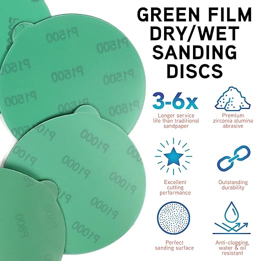 LotFancy 6 Inch PSA Sanding Discs with Tabs, 60PCS 400 600 800 1000 1500 2000 Grit Self Adhesive Wet Dry Green Film Sandpaper Assortment, Random Orbital Sander Fine Grit Sand Paper
