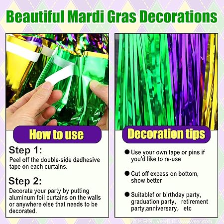 3 Pack 10 Ft Gold Green Purple Foil Fringe Garland Metallic Tinsel Streamers Banner Wall Hanging Curtain Backdrop for Parade Floats, Christmas Day, Thanksgiving, Halloween, New Year Party Decoration