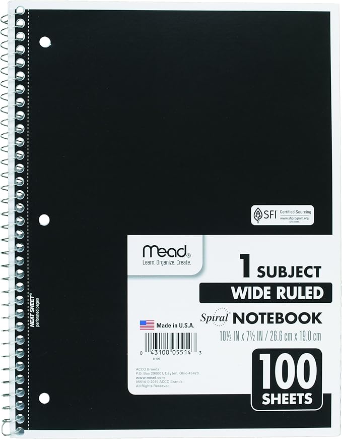 Mead Spiral Notebook, 1 Subject, Wide Ruled Paper, 100 Sheets, 10-12" x 8", Color Selected For You, 1 Count (05514) (Pack of 2)