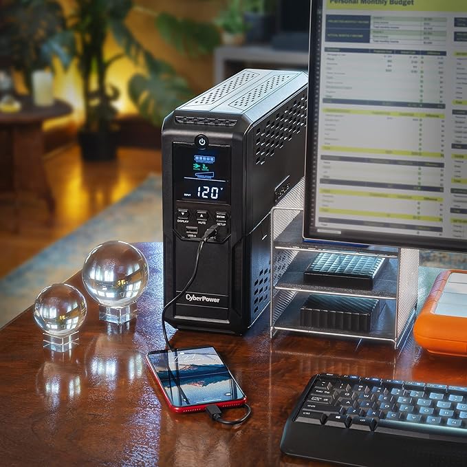 CyberPower CP1500AVRLCD3 Intelligent LCD UPS System, 1500VA900W, 12 Outlets, 2 USB Ports, AVR, Mini Tower, Black