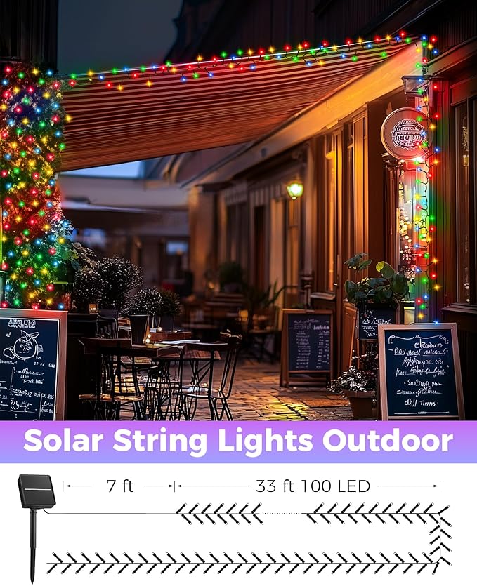 Brightown Solar outdoor light strip, 50 feet, 120 extra bright outdoor solar LED lights, outdoor solar light strip, waterproof, with 8 lighting modes for