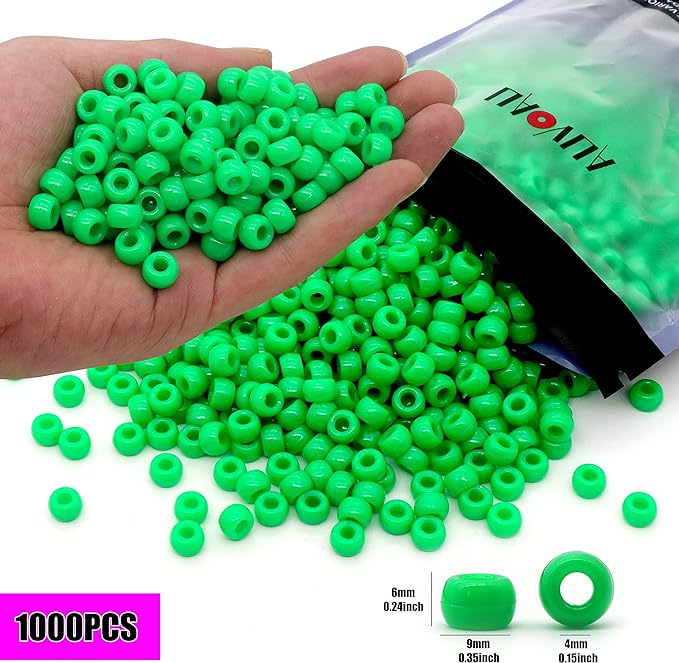 1000Pcs Pony Beads Bracelet 9mm Green Plastic Barrel Pony Beads for Necklace,Hair Beads for Braids,Key Chain,Jewelry Making (Green)