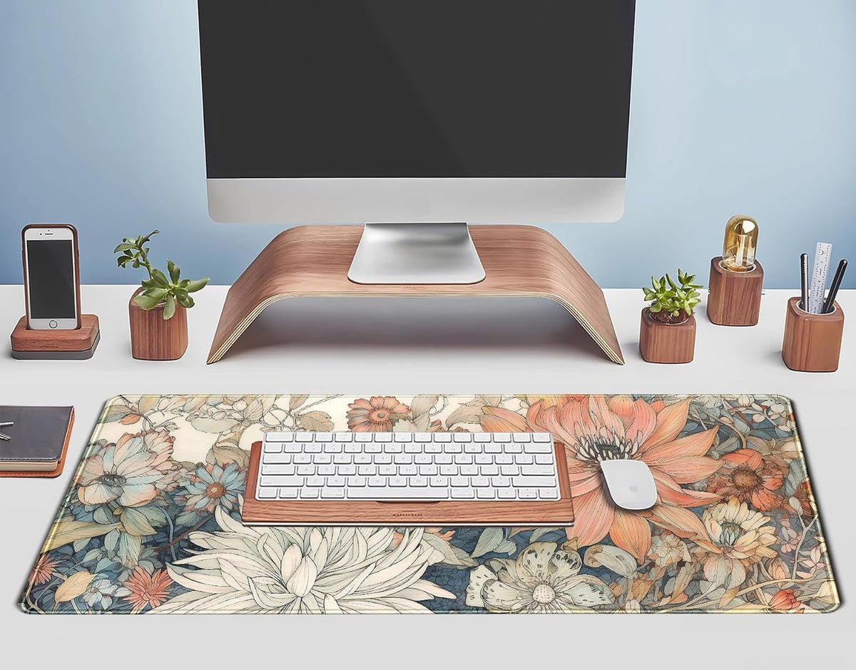 Japanese Minimalist Floral Desk Mat Aesthetic Flowers XL Large Extended Gaming Mouse Pad with Stitched Edges, Big Laptop Computer Keyboard and Mouse Mat for Girl Women Office Decor 31.5x11.8 in