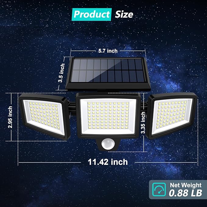 Tuffenough Solar Outdoor Lights 2500LM 210 LED Security Lights with Remote Control,3 Heads Motion Sensor Lights, IP65 Waterproof,270° Wide Angle Flood Wall Lights with 3 Modes(3 Packs