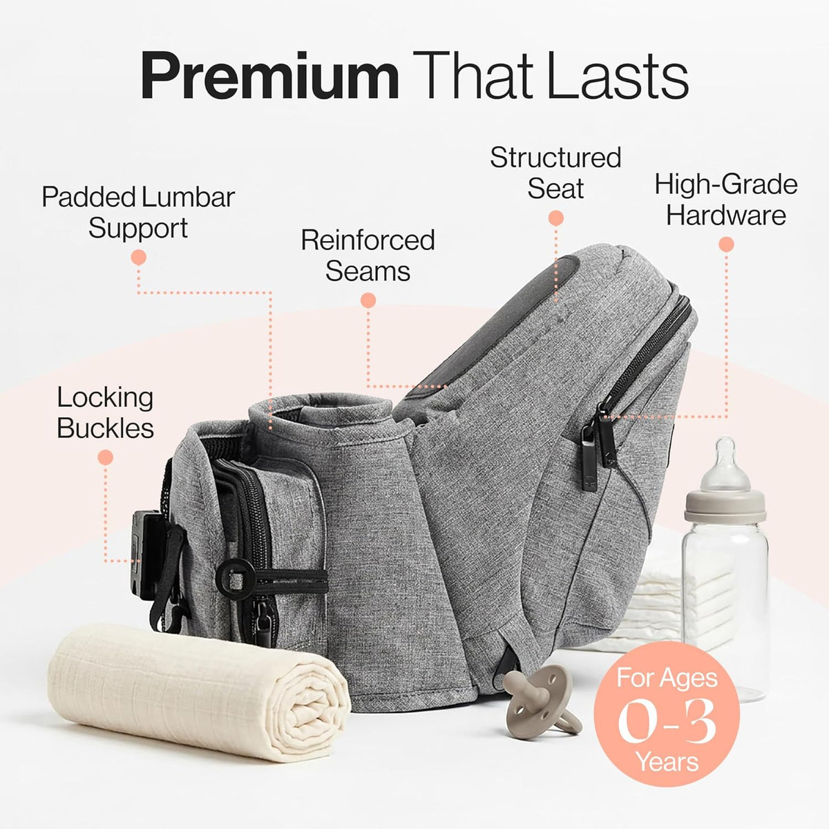 Tushbaby Original Hip Seat Baby Carrier for Babies & Toddlers up to 45 lbs, Safety Certified, Lightweight No-Foam Design with Storage, Grey