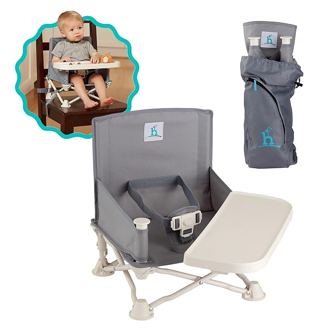 hiccapop OmniBoost Travel Booster Seat with Tray for Baby, Dining Table, Camping, Beach, Grandmas Folding Portable Tip-Free Design Straps to Kitchen Chairs