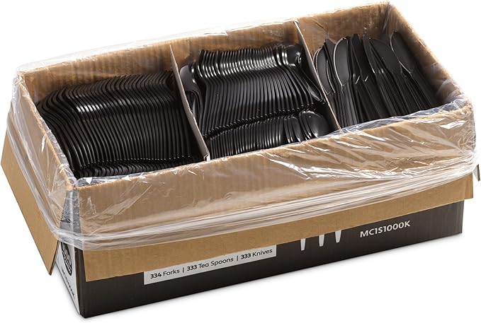 1000 Count Black Silverware Set, 334 Forks, 333 Spoons, 333 Knives, Medium Weight BPA Free Disposable Plastic Cutlery Set, Bulk Combo Pack Flatware Set for Party Supplies