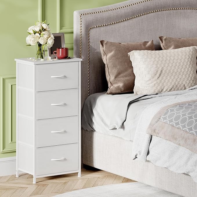 Somdot Tall Dresser for Bedroom with 4 Drawers, Storage Organizer Chest of Drawers with Removable Fabric Bins for Living Room Closet Bedside Nursery Laundry Entryway Hallway, White Leather