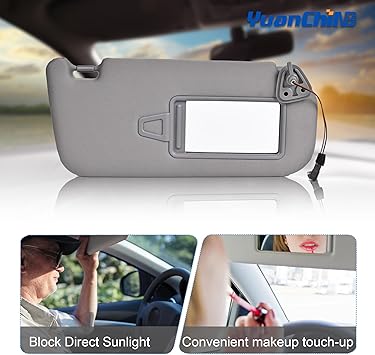 Sun Visor for Hyundai Elantra US Version Left Driver Side LH with Mirror Light Fit for 2007-2010 Hyundai Elantra Replace OE 852012H0208M Gray