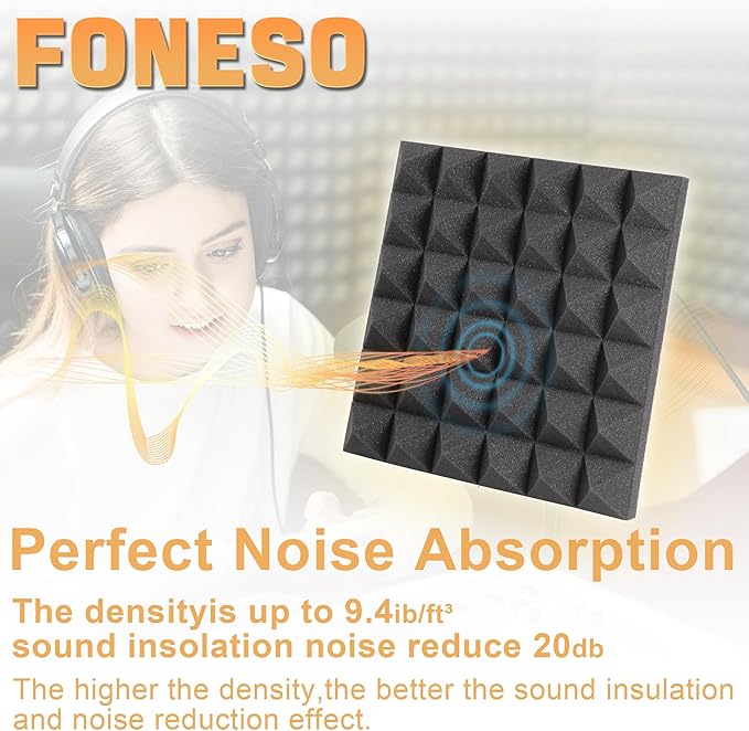 Foneso Acoustic Foam Panels 12'' x 12'' x 2'', Sound Insulation Wall, Black Acoustic Foam Mats for Sound Studio, Podcast Recording, TV Room, Playrooms and Offices