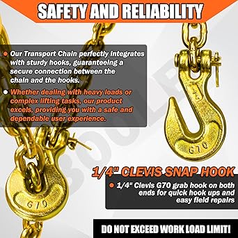 G80 Transport Binder Chain 14 Inch x 20 Foot SafetyBinder Chain with Clevis Grab Hooks 3,300 lbs Safe Working Load Logging Chain for Transporting Towing Tie Down Binding Equipment
