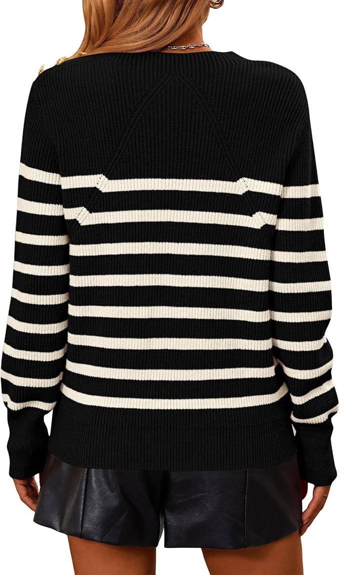 KIRUNDO Women's Striped Sweaters 2024 Fall Winter Outfits Crewneck Ribbed Knit Pullover Trendy Tops with Metal Buttons