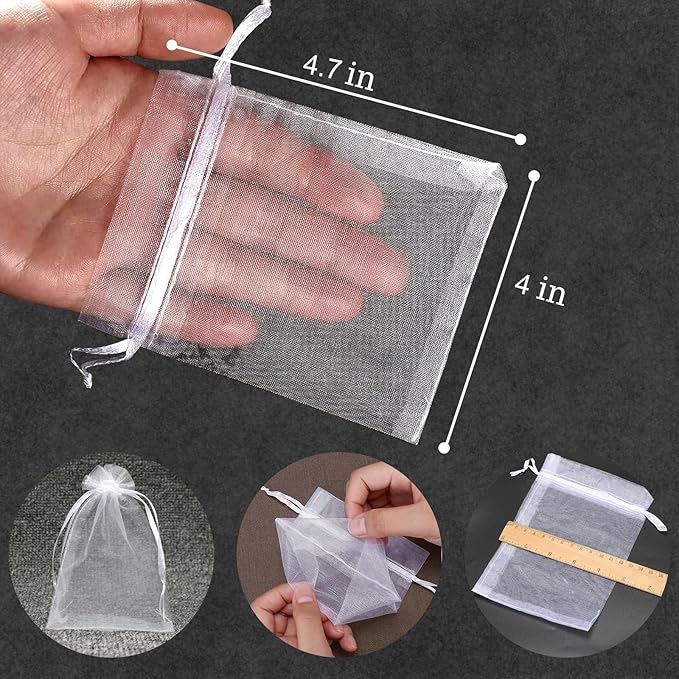 100PCS Sheer Organza Bags With Drawstring for Wedding Favor, Party, Favor Jewelry, Candy, Birthday, Christmas, Festival, Soaps, Makeup,Wrapping Supplies, 4.72 x 4 Inch Small Mesh White Gift Bags.