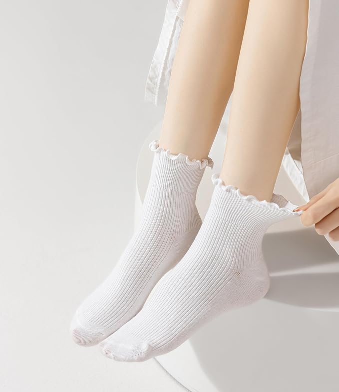 Women's Trim Ruffle Frilly Turn Cuff Socks - Cute Vintage Dress Crew Ankle Boot Socks